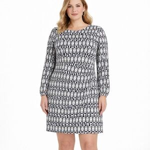 Boden Faux Wrap Dress Geometric Print Long Sleeve Black Navy White US 16/18 NWT